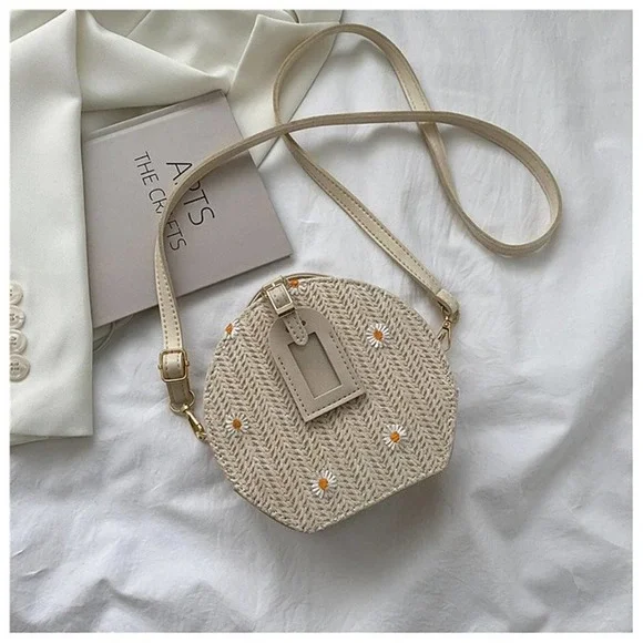 Daisy Flower Embroidered Round Straw Crossbody Bag in Beige - Picture 2 of 8